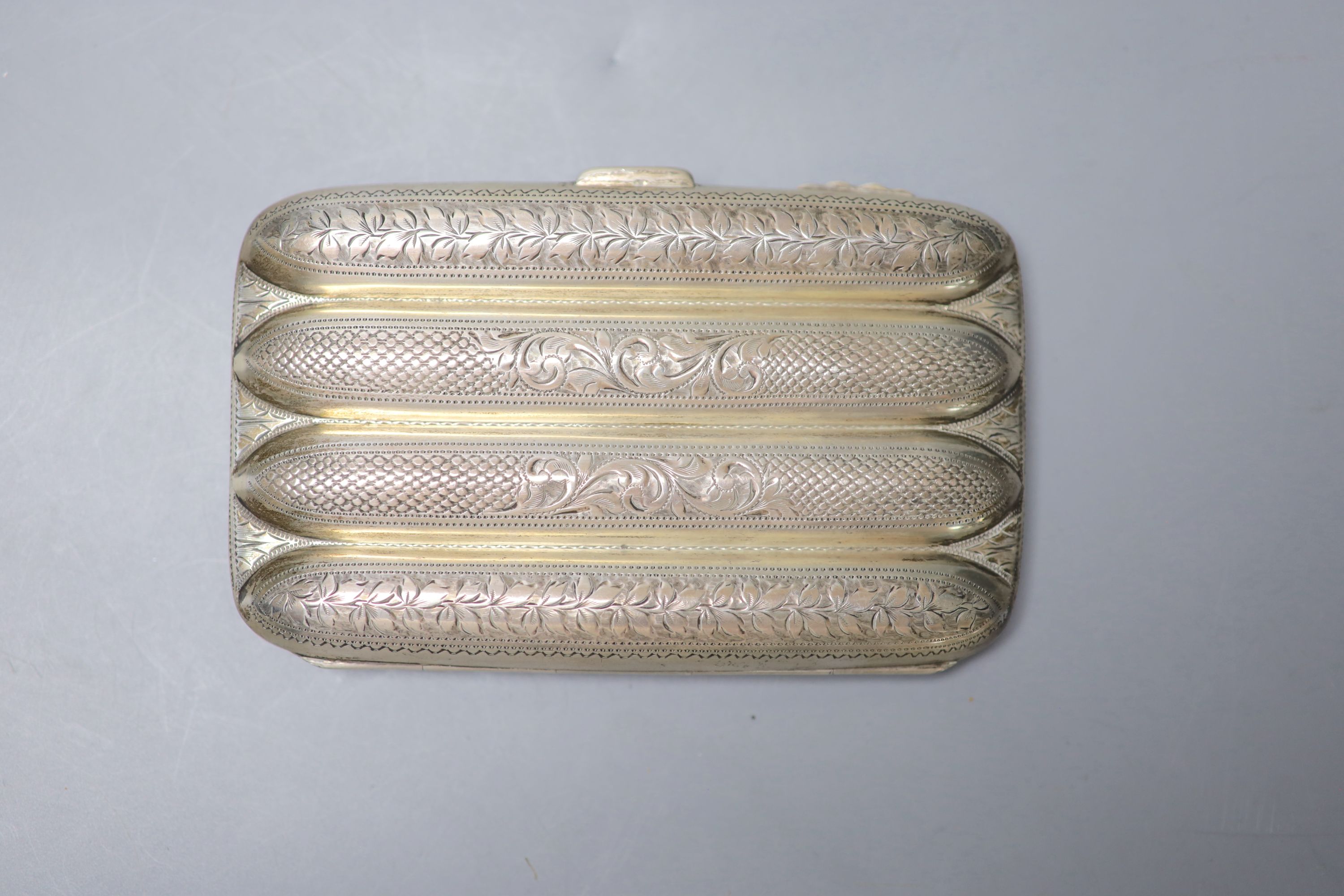 An Edwardian engraved silver four division cigar case, Joseph Gloster, Birmingham, 1905, 13cm, 4.5 oz.